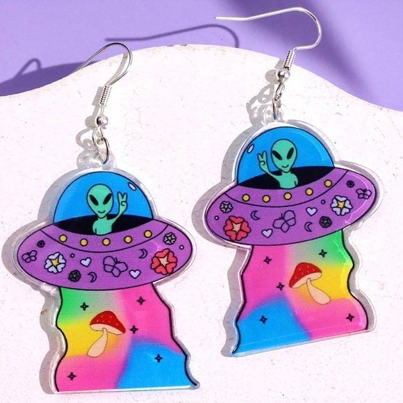 Colorful Alien UFO Acrylic Earrings – Halloween Weirdcore Space Jewelry - Picture 12 of 13